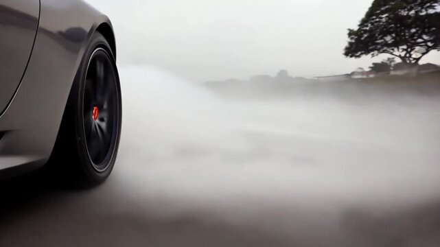 Close up of a sleek silver sports car tire spinning fast creating a massive cloud of smoke on wet asphalt.
