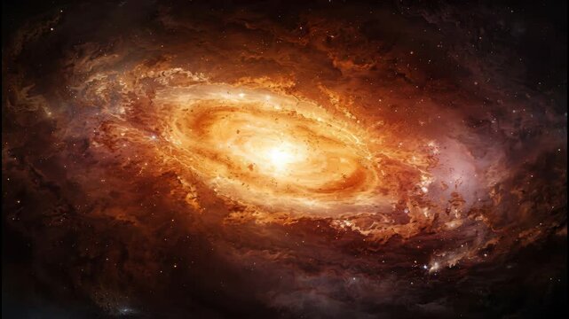 Glowing orange spiral galaxy with luminous core and swirling cosmic dust, dramatic cosmic scene