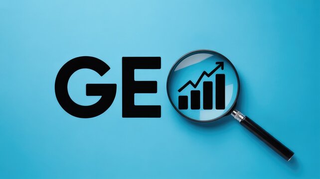 GEO letters with a magnifying glass examining a growing bar chart on a blue background representing online search engine optimization strategy and suc