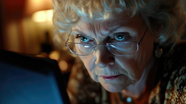 Granny with glasses, focused on a digital screen.