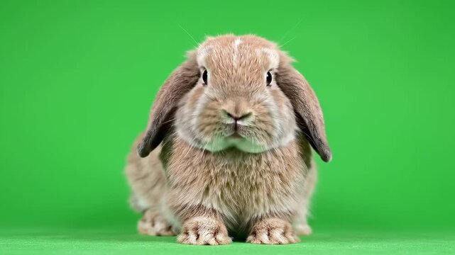 Adorable lop-eared rabbit sitting on a green background.