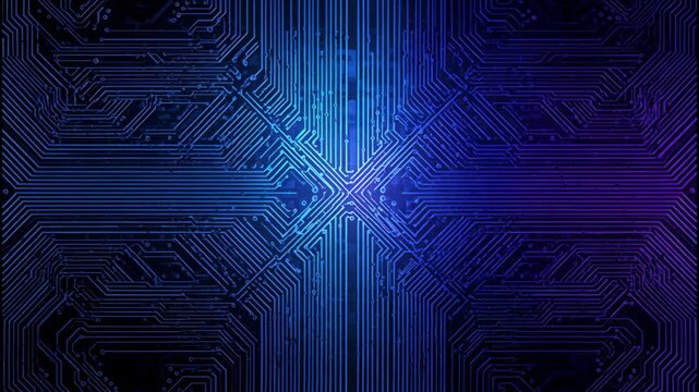 Futuristic blue circuit board pattern with glowing center, radial electronic traces and sleek
