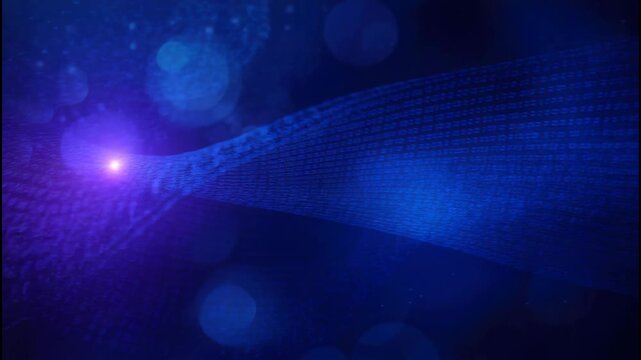Binary data wave flowing across dark blue digital background with glowing depth code technology