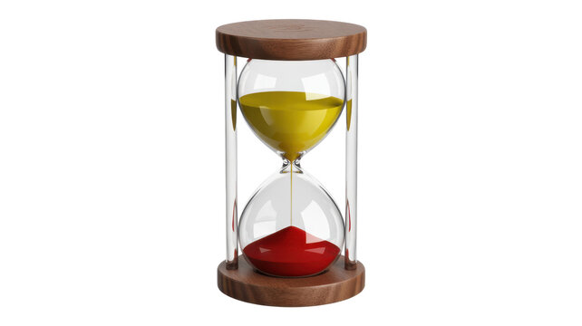 Wooden hourglass with yellow and red sand timer isolated on a transparent background