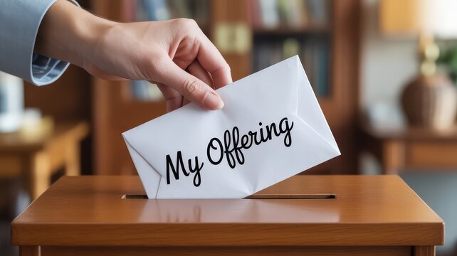 A hand gently places a white envelope labeled My Offering into a polished wooden collection box in a warm indoor setting with soft diffused lighting c