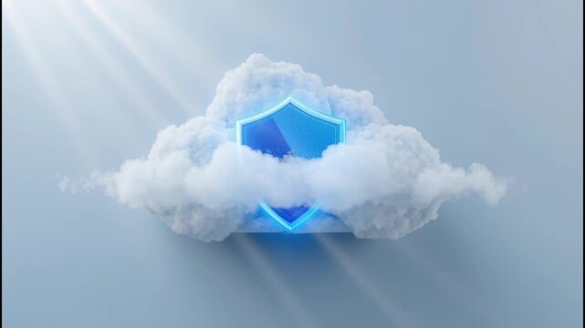 Cloud shield glowing over fluffy cloud with digital network protection security shield concept