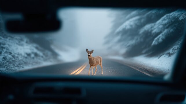 View from inside a car on a curvy winter road with a deer standing in the middle, surrounded by a foggy landscape and snow-covered trees