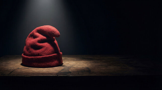 Red phrygian cap on rustic wooden table under dramatic spotlight. Symbol of french liberty and revolution. Bastille Day icon for national holiday celebrations and patriotism