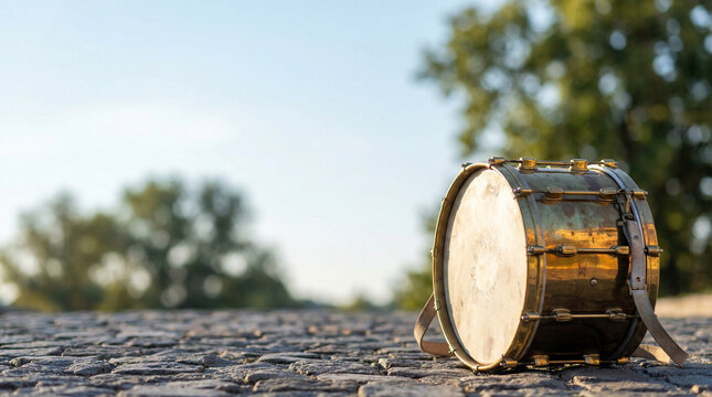 Bastille Day bass drum resting on cobblestone street. Brass marching instrument for French national holiday parade. Traditional music and celebration concept for July 14th festivities