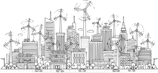 Fototapeta premium Smart city eco-friendly landscape line art, green energy vector.