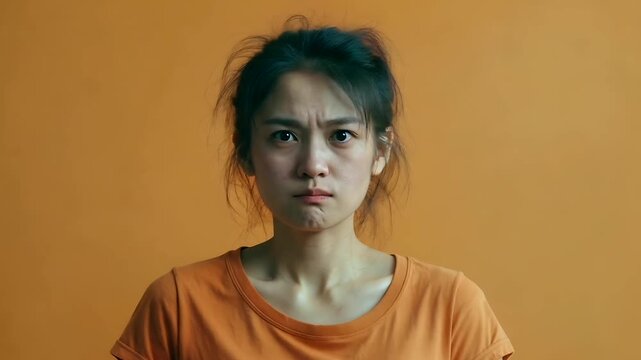 Young Asian woman with messy hair making a disgusted face, frowning and pouting, wearing an orange t-shirt on a solid orange background