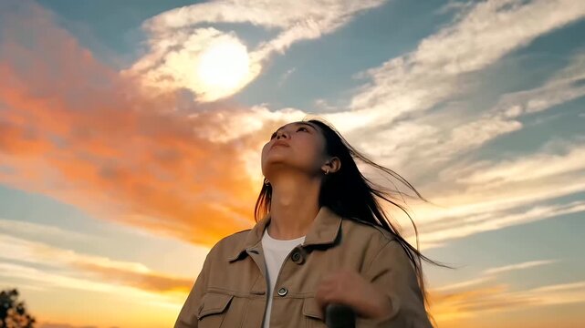 Young Asian woman looking up at vibrant orange and blue sunset sky with clouds, peaceful outdoor scene, golden hour light