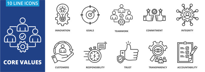 CORE VALUES icon vector illustration concept. Icon pack contain  Innovation, goals, teamwork, commitment, integrity, customers, responsibility, trust, transparency, accountability.