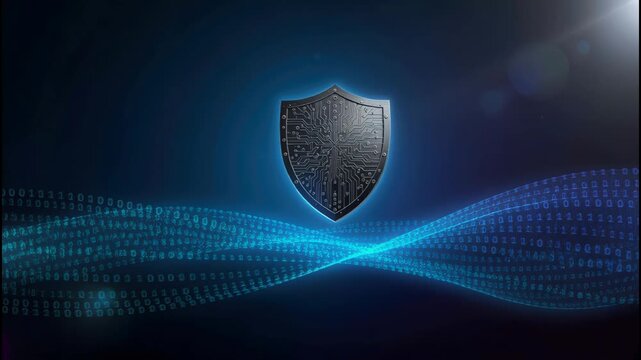 Digital shield circuit pattern flowing binary waves protecting data network cybersecurity