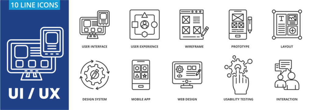 UI / UX icon vector illustration concept. Icon pack contain  User interface, User experience, Wireframe, Prototype, Layout, Design system, Mobile app, Web design, Usability testing, Interaction 