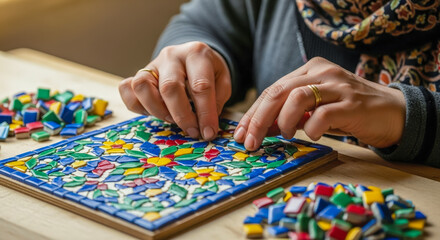 Fototapeta premium close up of a woman's hands carefully placing colorful tiles to create an intricate mosaic pattern on a wooden base