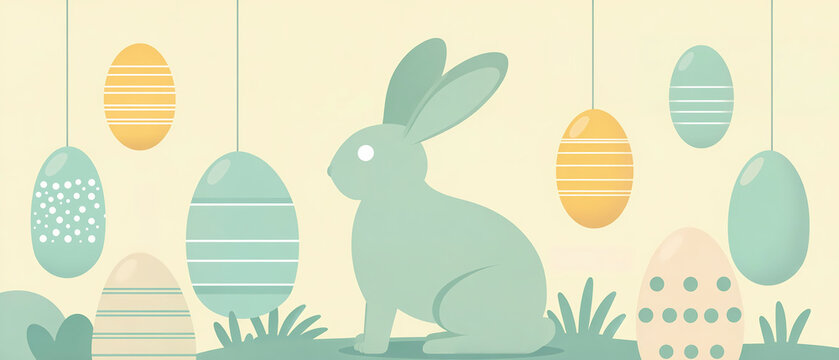 A cute cartoon illustration of a happy Easter bunny with colorful eggs in the grass, featuring a festive spring hare design for a celebration greeting card vector