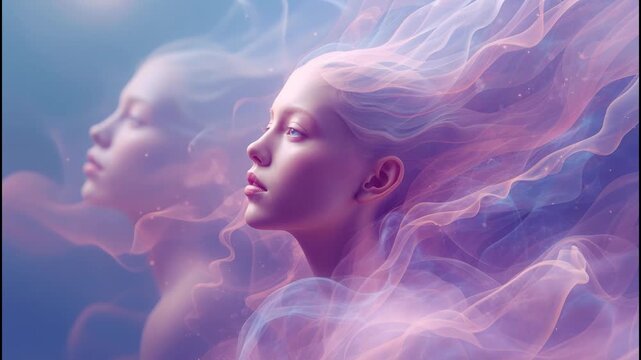 Ethereal woman portrait with flowing pastel smoke veil dreamy double exposure side profile