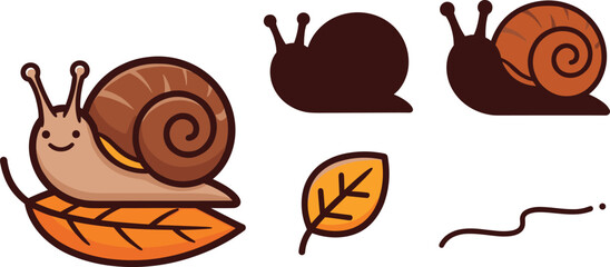 Cute Snail Character on Autumn Leaf Vector Illustration Set with Snail Silhouettes Garden Mollusk and Fall Foliage Design Elements © Mukta  Creative