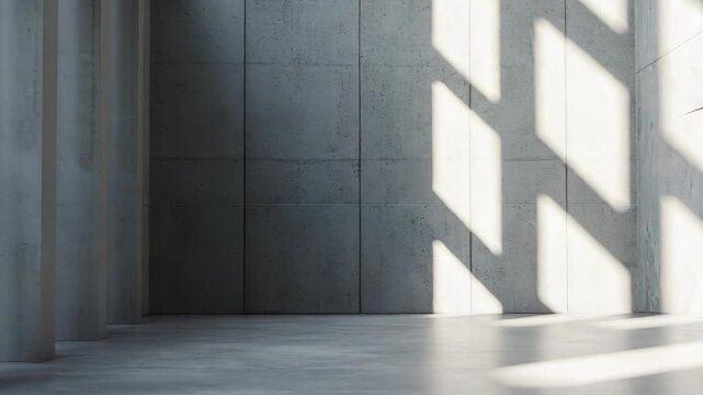 Empty concrete room with minimalist vertical elements and bold diagonal shadows forming a geometric grid across walls and floor, highlighting texture and sculptural space