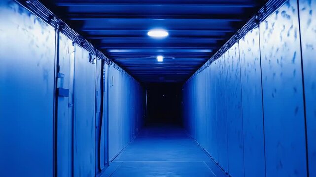 Dark, long corridor stretching into the distance with blue lighting creating an empty space and feeling of mystery, suggesting a journey or unknown path