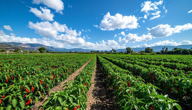 Lush green corn crops grow in neat rows across a vibrant rural farm landscape under a brilliant blue summer sky