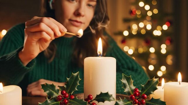 Woman lighting candle festive decoration holiday