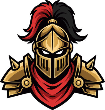 Golden Knight Mascot Logo with Red Scarf and Two-Tone Plume (Red and Black), Vector Armor Emblem