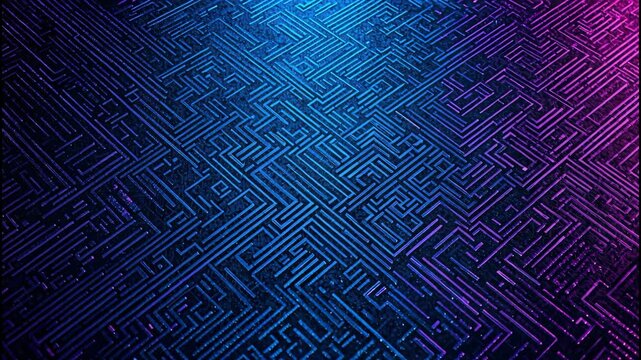 Neon blue purple circuit maze pattern with glowing lines textured metallic surface geometric depth