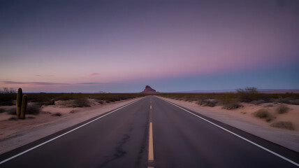 Desert Highway at Dusk with Cactus and Distant Mountain