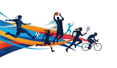 A colorful vector graphic illustration of various sports silhouettes in action © Ms
