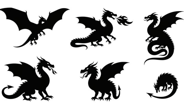A set of black dragon silhouettes on a white background