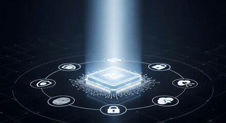 Digital network innovation hub with glowing core and futuristic tech icons