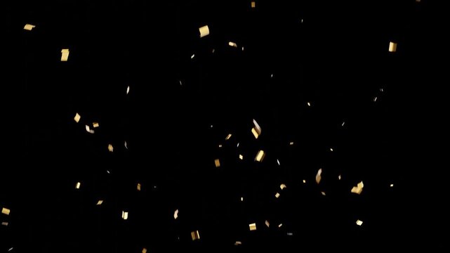 golden confetti rain effect overlay alpha channel. Confetti Party Popper Explosion Animation. Slow motion Falling confetti Particles animation. gold confetti isolated transparent bg.