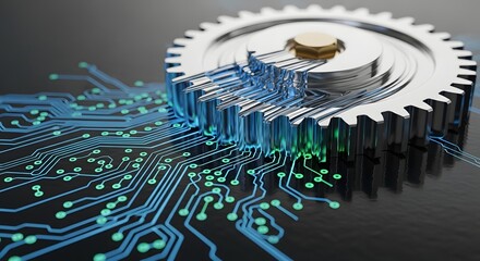3D gear with businessman on digital circuit technology background