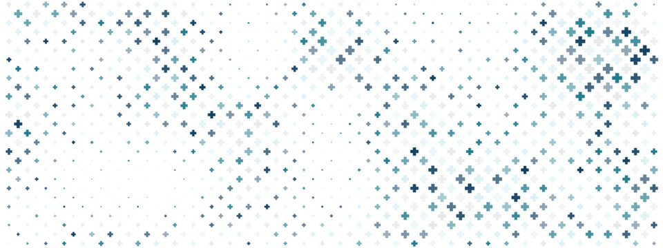 Medical pattern with halftone crosses creates a clean hospital background. Modern health texture with plus signs in blue and white tones for healthcare presentations.