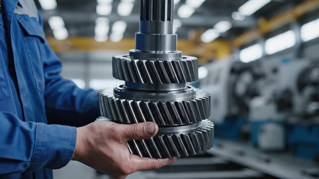 Industrial worker hands holding metal gear manufacturing component