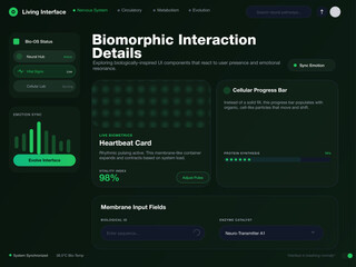 "A sophisticated blend of high-tech clinical precision and organic fluidity. The deep obsidian background creates a mysterious, futuristic atmosphere, while the vibrant emerald accents evoke a sense 