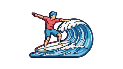 Fototapeta premium Dynamic cartoon illustration of a surfer riding a powerful ocean wave, capturing the exhilarating essence of water sports and summer adventure. Ideal for beach and active lifestyle themes