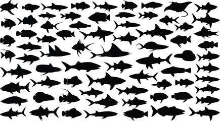 Fish silhouette vector illustration collection, marine wildlife artwork, aquatic animal design element, ocean nature graphic motif, ichthyology pattern