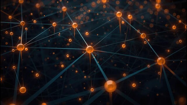 Glowing orange network nodes connection with teal lines in dark digital techno atmosphere