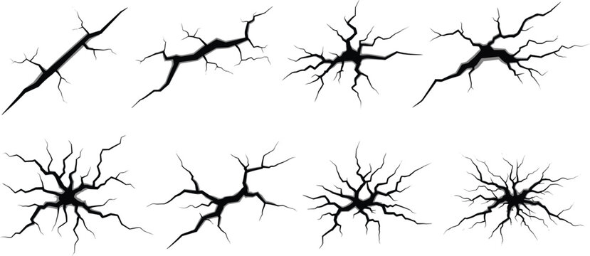 Progressive crack pattern vector illustration, surface fracture design, material damage simulation graphic, branching cracks artwork, structural engineering texture