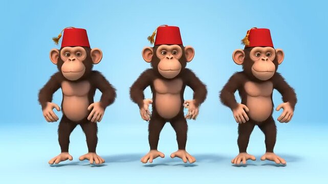 Three anthropomorphic chimpanzees in fez hats dance rhythmically against a bright blue backdrop, rendered in a playful 3D cartoon style.