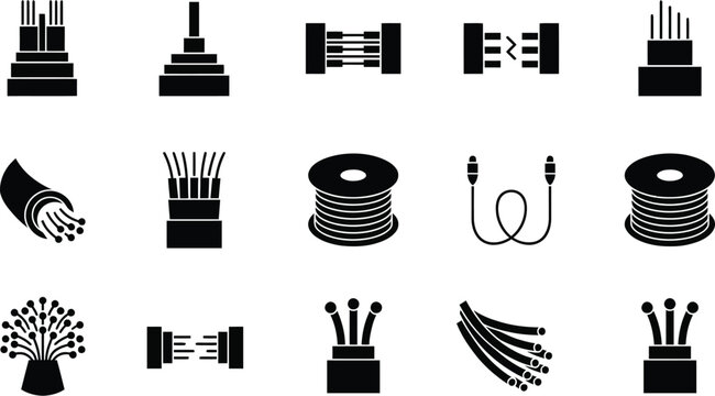 Fifteen fiber optic cable icons illustrating various types and connections