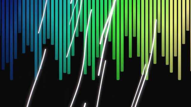 Abstract graphic illustration of colorful vertical bars with white streaks on a black background in a digital art style with a vibrant mood.