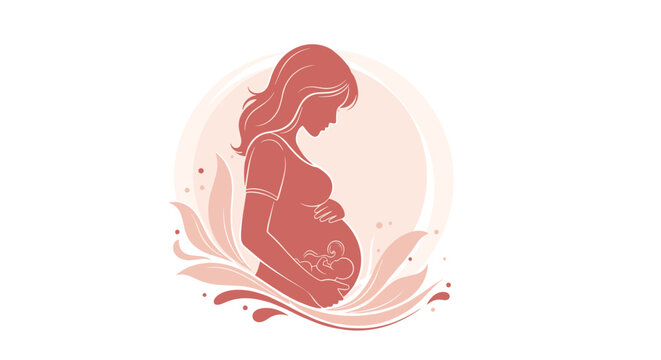Silhouette of a pregnant woman with stylized floral elements and a visible fetus inside her belly representing motherhood and life.