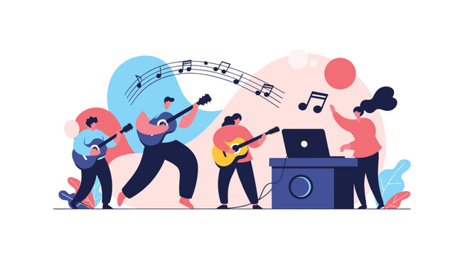 Musical band performing with three guitarists and a DJ at a mixing console with floating musical notes and abstract shapes.