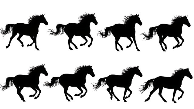 Sequence of horse silhouettes in various running positions against a white background.