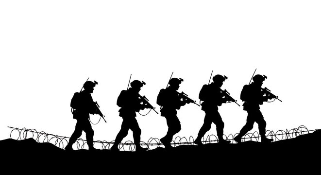 Soldiers marching in formation on a rugged terrain silhouette