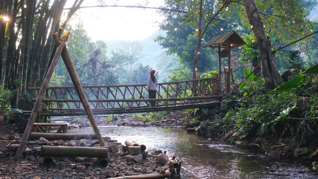 Rear view of a woman standing on bamboo bridge over the waterfall in the forest